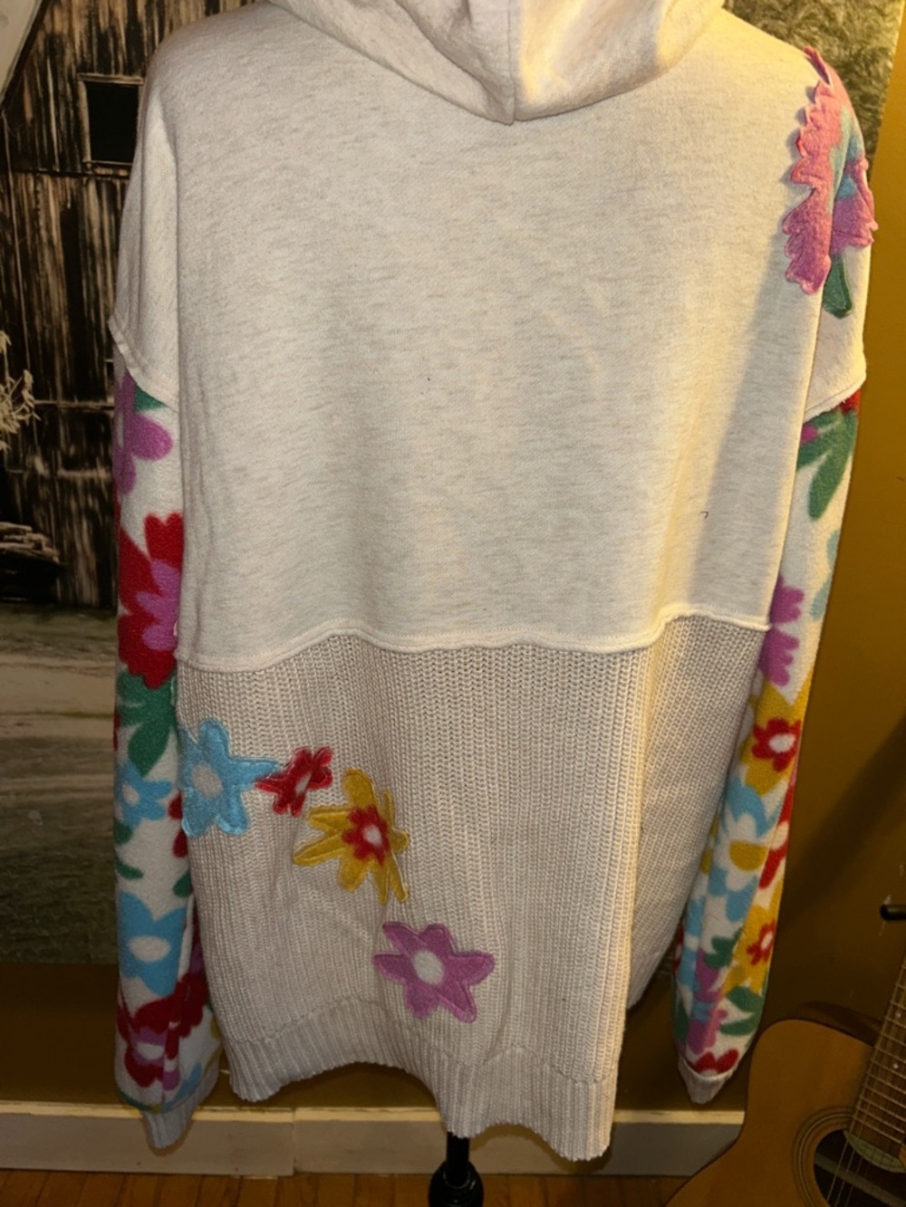 Upcycled Floral Patchwork Hooded Women's Top - Cream with Multicolor Flowers - Picture 3 of 4